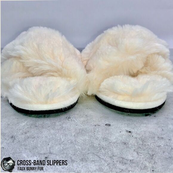 FUZZY FAUX BUNNY FUR CROSS BAND SLIPPERS IN IVORY NON-SLIP SIZE SMALL 5.5 - 6.5 - Picture 6 of 15
